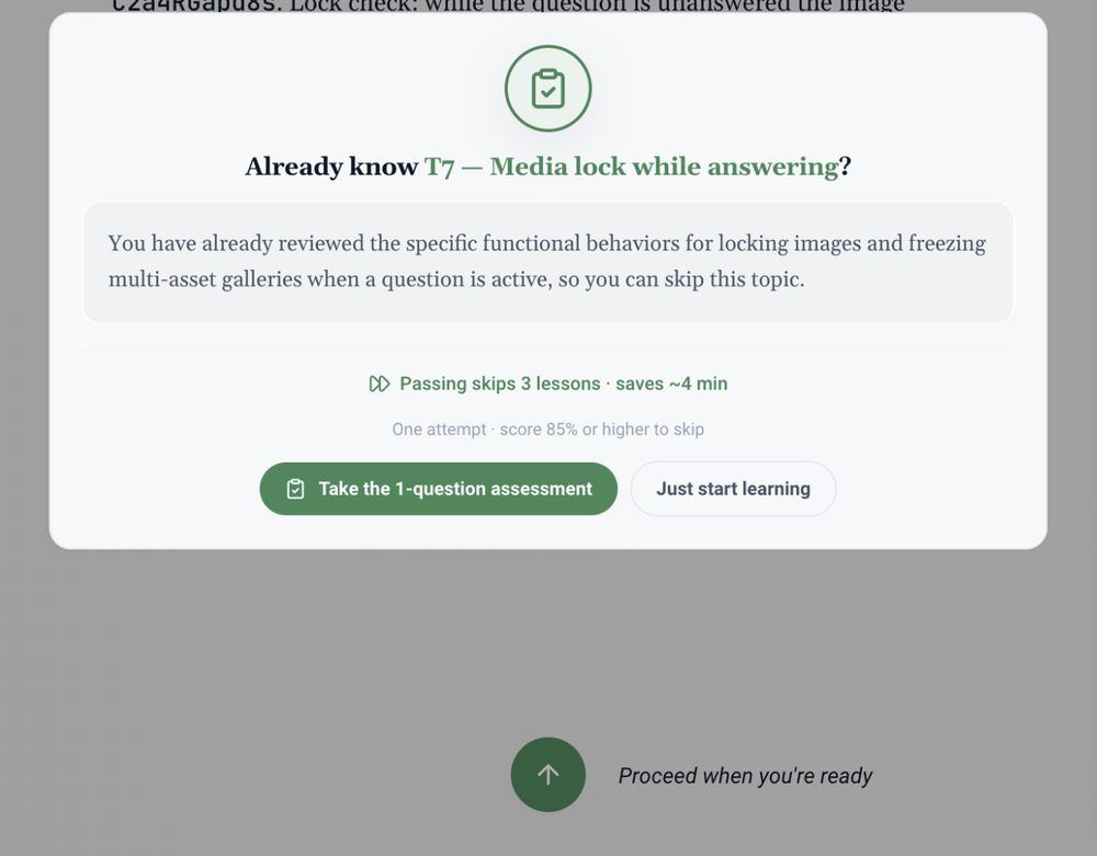 Adaptive mastery check that lets learners skip three lessons and save about four minutes when they already know a topic