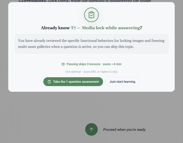 Mastery assessment offering to skip three lessons and save about four minutes when the learner already knows the topic