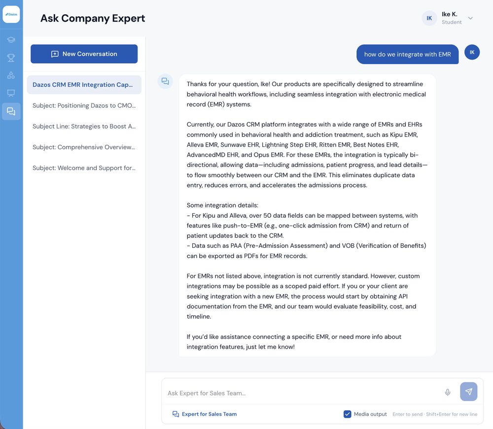 Ask Company Expert answering a sales question about CRM and EMR integration using company product knowledge