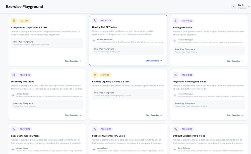 Exercise Playground showing text, voice, and video role-play scenarios for objections, pricing, discovery, and cold calls with realistic buyer personas