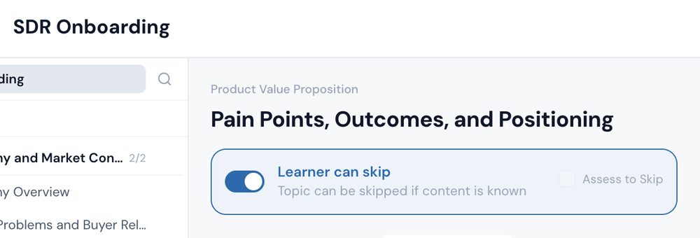 Topic editor with Learner can skip turned on so known content can be skipped
