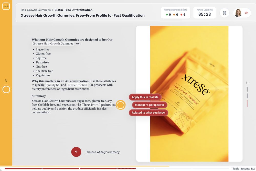 Multimodal Time Machine lesson with product imagery, free-from claim bullets, and coaching prompts to apply learning in real sales conversations