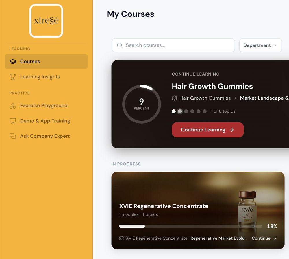 My Courses learner home showing personalized progress, continue learning, and in-progress modules