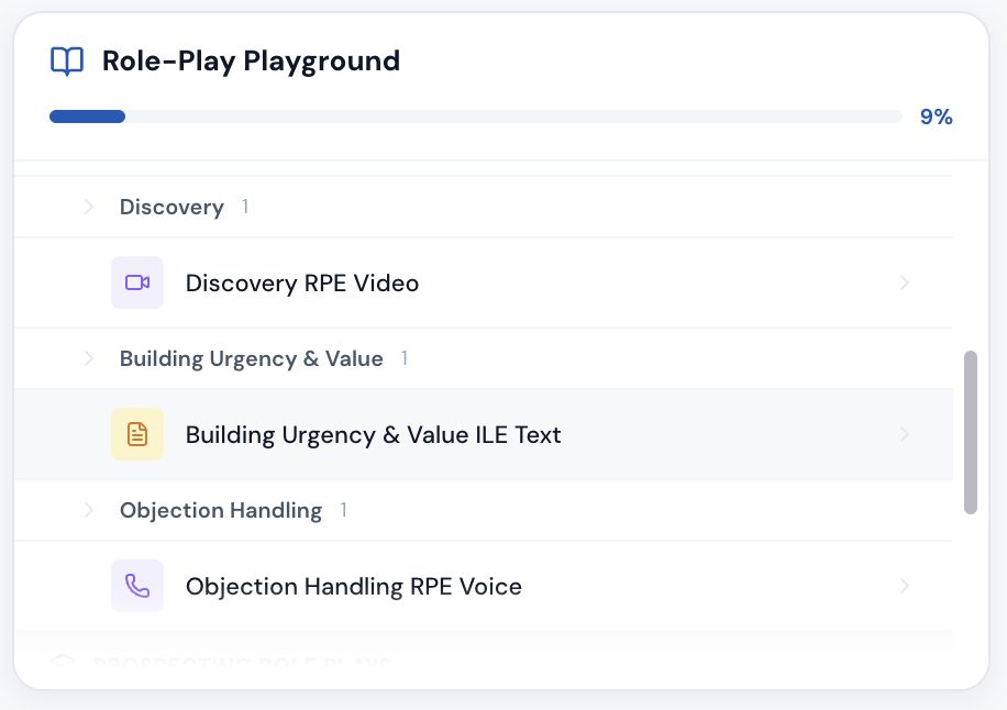 Role-Play Playground curriculum with Discovery, Building Urgency, and Objection Handling practice modules