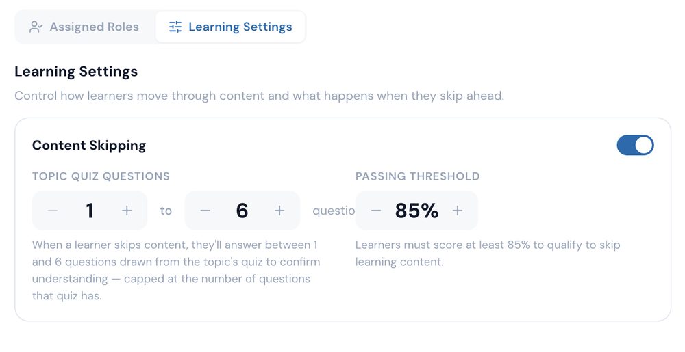 Learning Settings with content skipping, quiz question range, and passing threshold