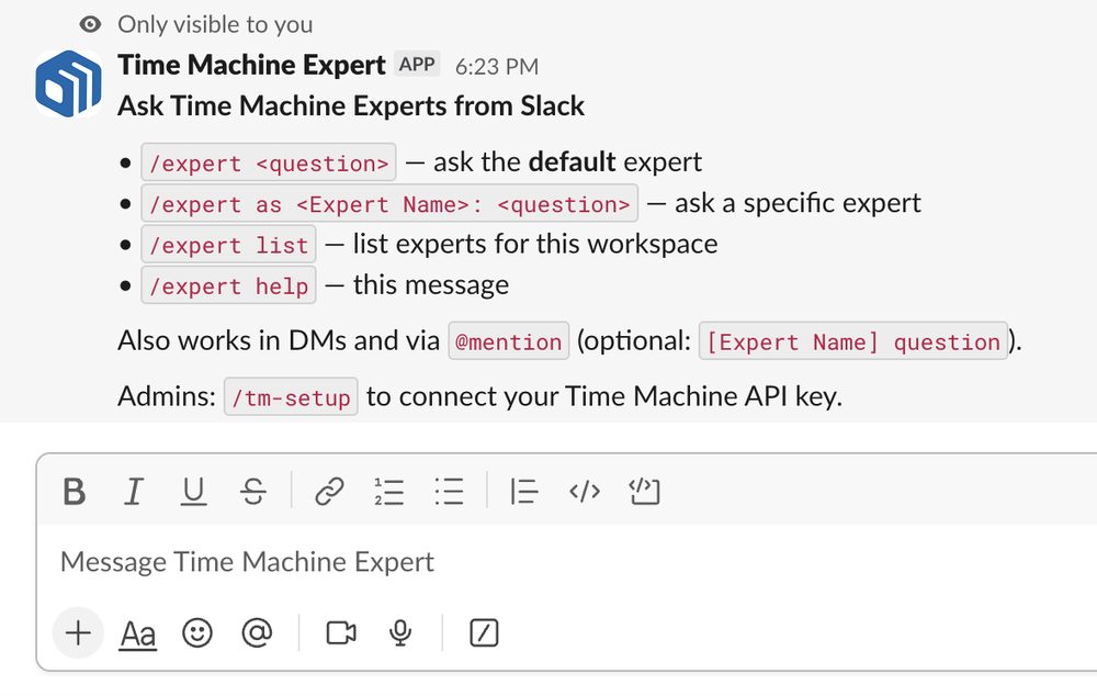 Time Machine Expert in Slack showing /expert commands, @mention, DM usage, and admin /tm-setup