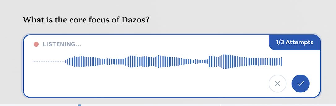 Voice answer interface listening to a learner response with attempt counter and waveform